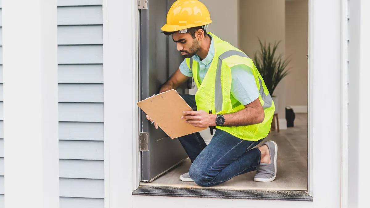 An inspector in a hard hat and safety vest assessing a house