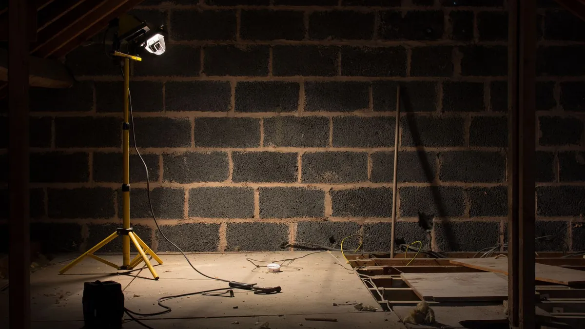 An attic under construction, lit by a work light